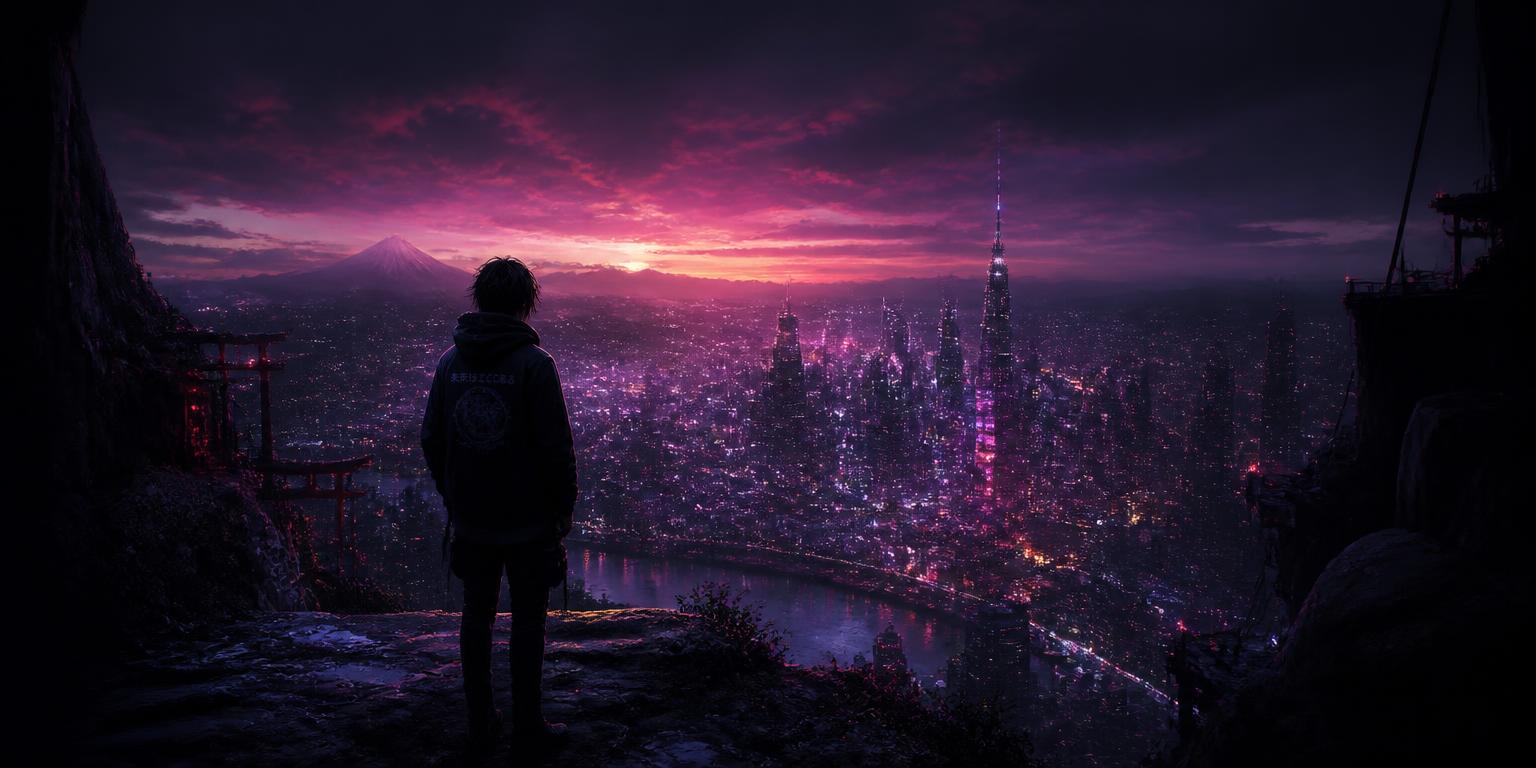 A lone figure overlooking a glowing neon city at dusk